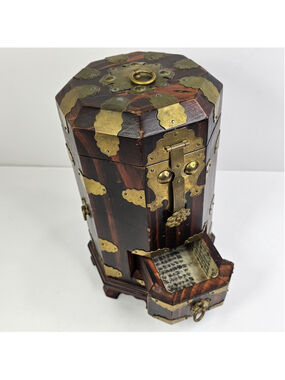 Vintage Asian Octagonal Wood Tea Storage Box Brass Hardware Lined Interior